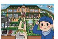 絵本のさし絵。建物と清掃の社員